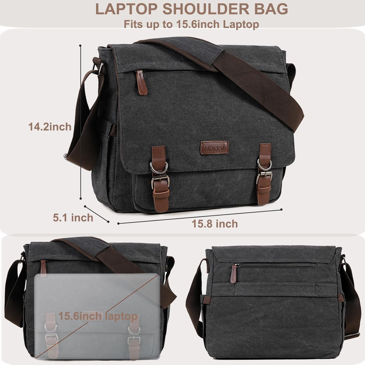 Vintage Messenger Bag 15.6 Inch Laptop for Men Women, Large Travel Crossbody Shoulder Purse Canvas Briefcase Work College - Image 3