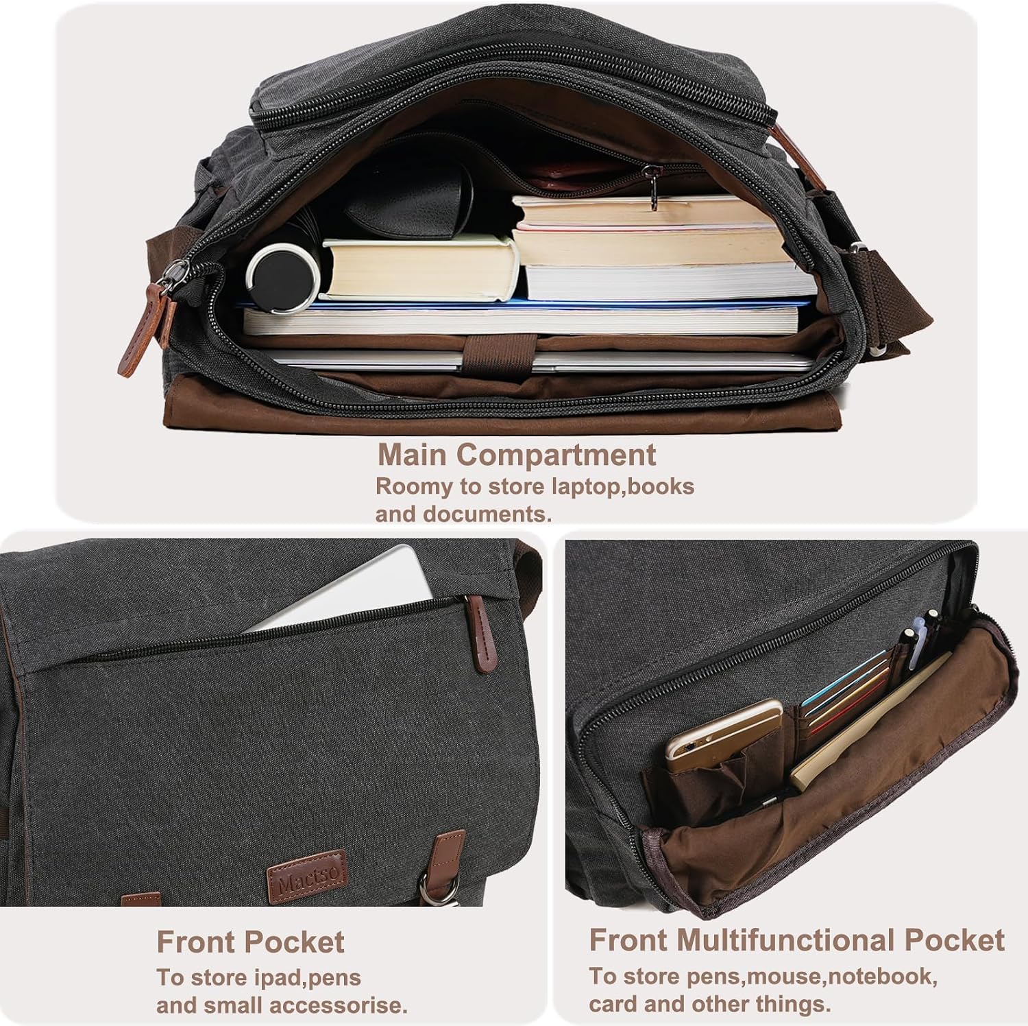 Vintage Messenger Bag 15.6 Inch Laptop for Men Women, Large Travel Crossbody Shoulder Purse Canvas Briefcase Work College - Image 4