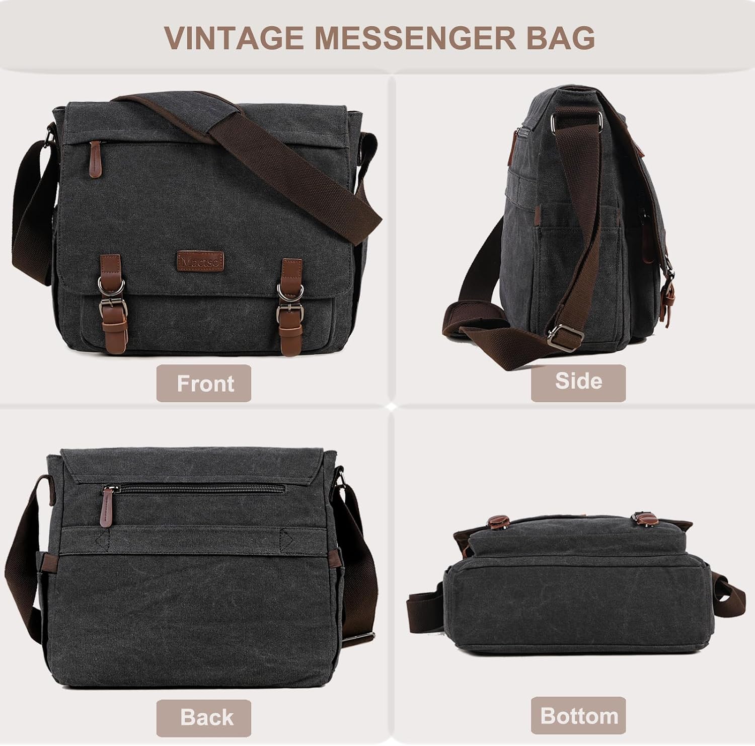 Vintage Messenger Bag 15.6 Inch Laptop for Men Women, Large Travel Crossbody Shoulder Purse Canvas Briefcase Work College - Image 7