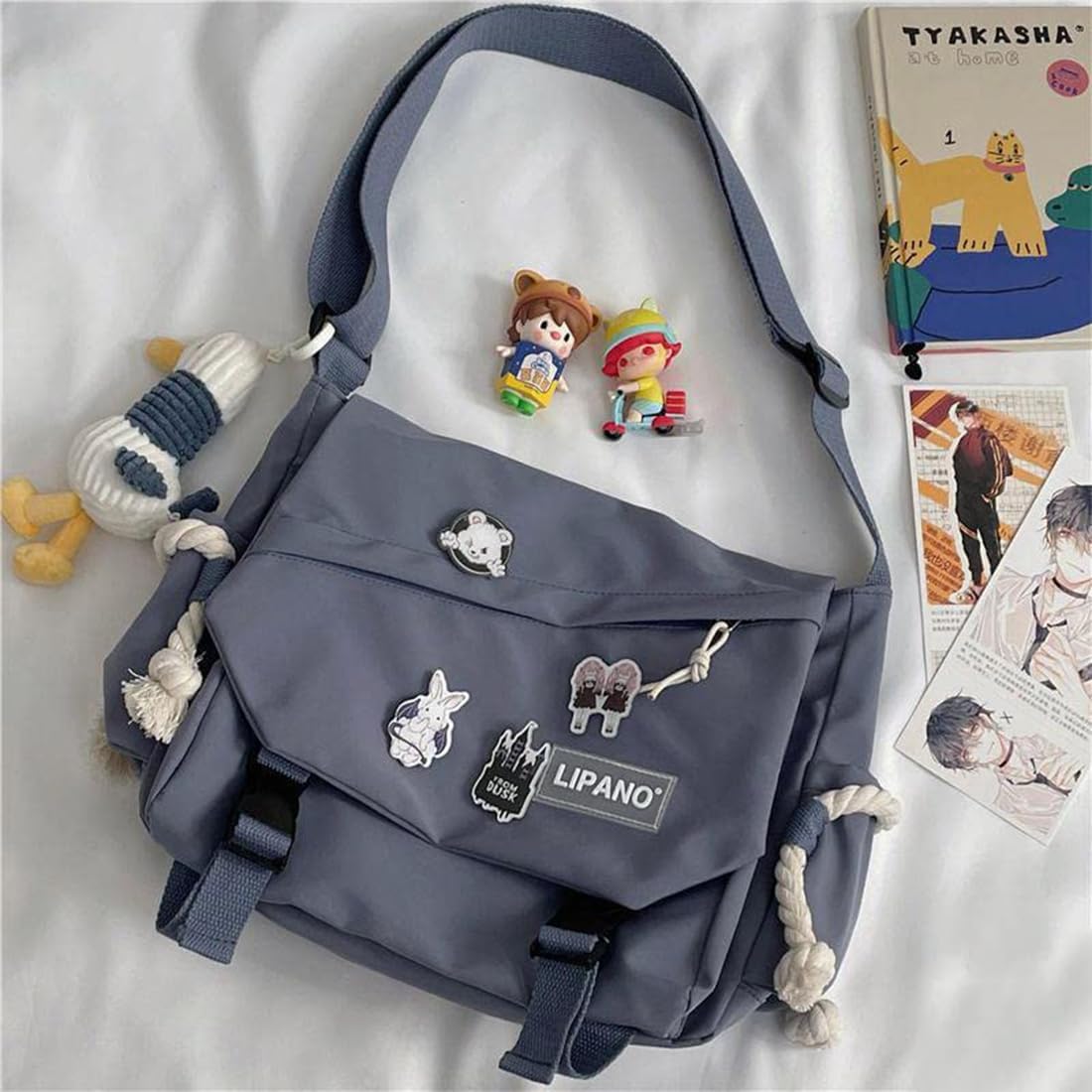 Aesthetic Crossbody Bag with Cute Pins and Ornament, Nylon Shoulder Messenger Bag Japanese Kawaii Bag for Women Men - Image 3