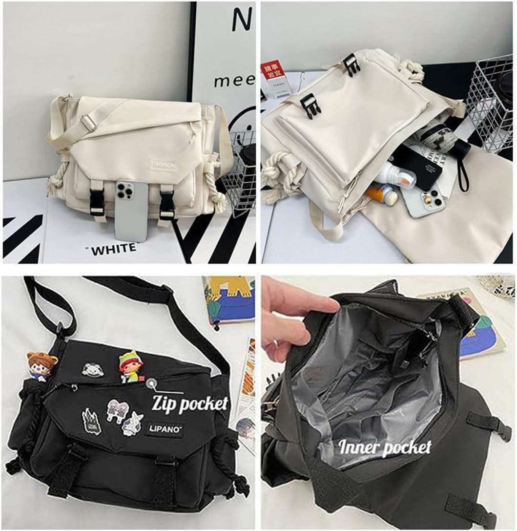 Aesthetic Crossbody Bag with Cute Pins and Ornament, Nylon Shoulder Messenger Bag Japanese Kawaii Bag for Women Men - Image 5