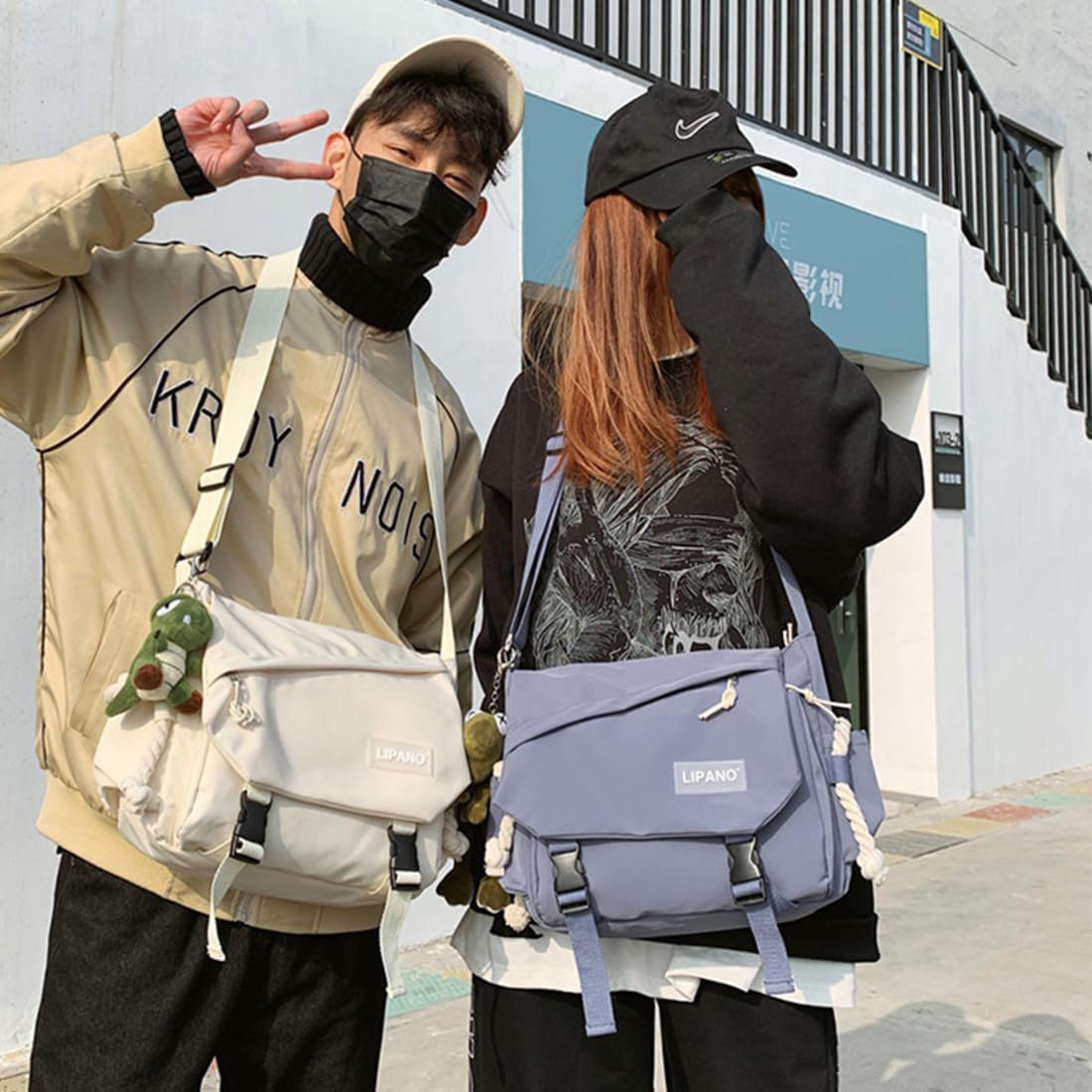 Aesthetic Crossbody Bag with Cute Pins and Ornament, Nylon Shoulder Messenger Bag Japanese Kawaii Bag for Women Men - Image 8